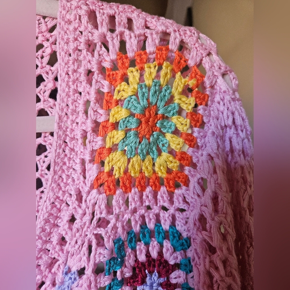 NWOT Cotton Emporium patchwork crochet sweater pink/multicolor - Picture 6 of 7
